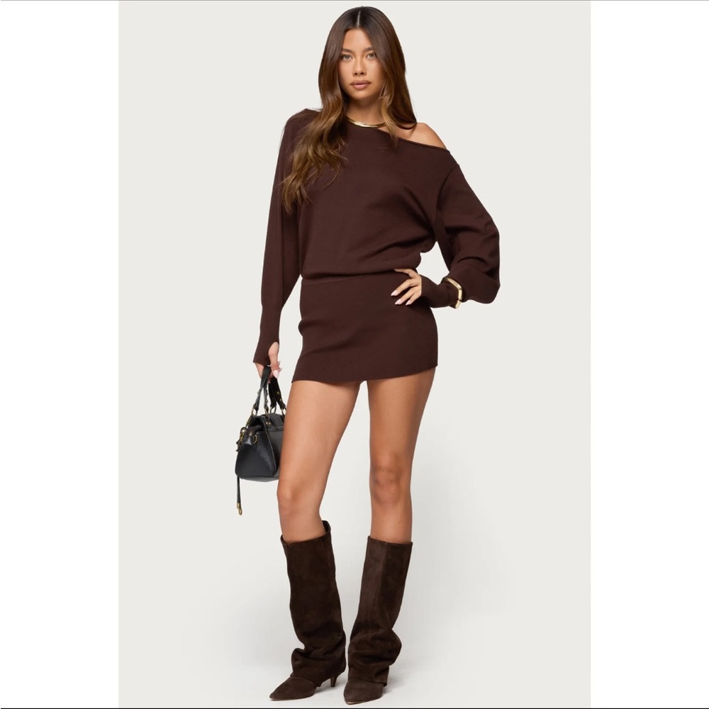 Edikted  Eve Brown Off-Shoulder Sweater Mini Dress New in Package